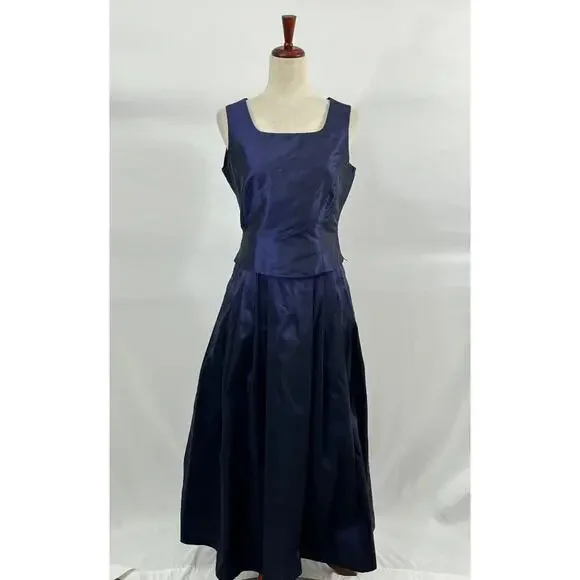 OLEANA Sz S Small 2pc Tank Top Midi Skirt Silk Taffeta Irridescent Blue Purple